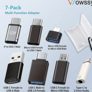the 7-Pack Wowssyo Usb Adapters Seven individual adapters are arranged in two neat rows. The first row includes the silver IP to USB-C Male with the 'CIP' logo, the black Micro-USB Female to USB-C Male, and the black Micro-USB Female to Micro-USB Male (derived from image_12.png). The second row contains the black USB-C Female to USB-A Male, the black USB-C Male to USB 3.0 Female (from image_12.png), the black USB-C Female to Micro-USB Male (from image_12.png), and the unique white Type-C to 3.5mm audio adapter with the headphone icon and correct labeling (rebranded from image_24.png). All adapters are clearly labeled with their respective port-to-plug mappings, matching the comprehensive nature of the 7-pack concept. On the right, the translucent storage case with its black carabiner hook from image_24.png is integrated, showing the complete set.