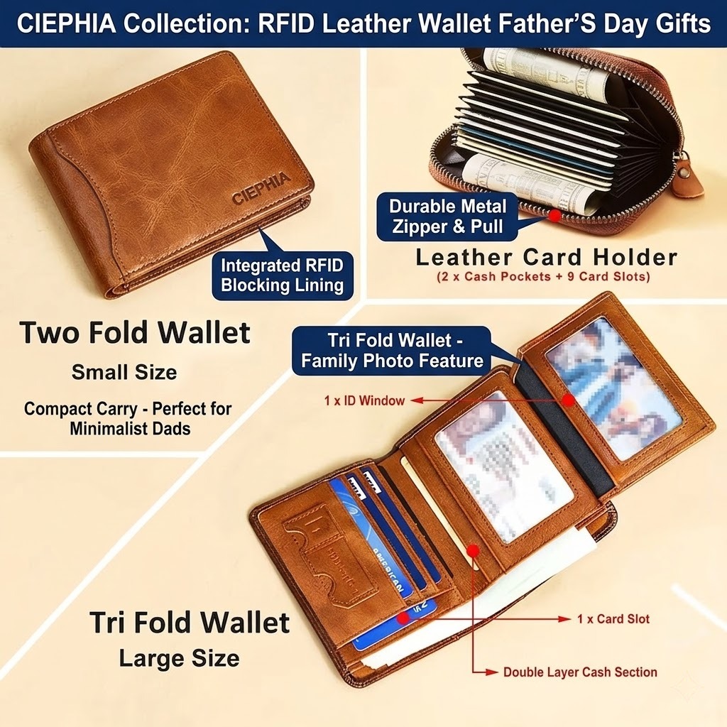 Slim Trifold RFID Leather Wallet - Father's Day Gifts for Men: Genuine Top Layer Cowhide Card Holder & Money Clip 20 A comparison of CIEPHIA RFID Leather Wallet Father's Day Gifts styles, including a small Bifold wallet, a large Trifold wallet with multiple ID windows, and a zippered leather card holder.