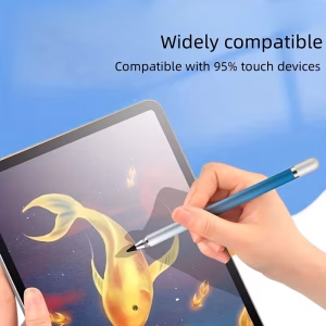 A professional product infographic for the 3-in-1 Universal Touch Screen Stylus Pen in a matte black finish. The central image features the sleek stylus with three pointed-out functions: a 0.7mm Silicon Disc Tip for high-precision sketching, a Fiber Mesh Tip for smooth scrolling, and an internal Traditional Ballpoint Ink Refill for paper writing. A "Universal Compatibility Guide" displays icons for iPad, Android tablets, Fire tablets, iPhone, and Surface devices. Detailed diagrams illustrate "Pixel-Perfect Drawing" with "Zero Lag," while a technical inset at the bottom highlights the "Unique Silicon Disc Technology" featuring a silicon cushion and metal pin for battery-free precision.