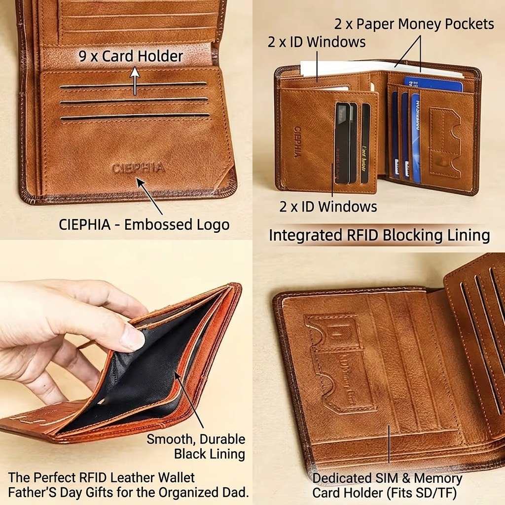 Slim Trifold RFID Leather Wallet - Father's Day Gifts for Men: Genuine Top Layer Cowhide Card Holder & Money Clip 19 A collage of detailed features for the CIEPHIA RFID Leather Wallet Father's Day Gifts, showing the embossed logo, internal card slots, dual cash pockets, and dedicated SIM/Memory card holders.