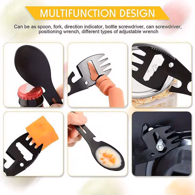 practical Precision Logistics Component: Outdoor Fork Spoon Detachable Tableware with Modular Separation Logic—High-Standard Multi-Tool for Hiking and Remote Cabin Coordination 8 A professional technical SOP infographic for the Outdoor Fork Spoon Detachable Tableware multi-tool, split into six discrete visual modules against a clean background. The top left features the "QISHING 10 in 1 OUTDOOR UTILITY TOOL" branding and the "Detachable design" visualization. Subsequent panels document the "Knife," "Bottle/can opener," "Fork/Lighter," "Spoon," and the critical "How to separate" dynamic logical flow using a 90° rotation coordinate. The image validates all integrated function nodes with high-fidelity technical line art and descriptive text.
