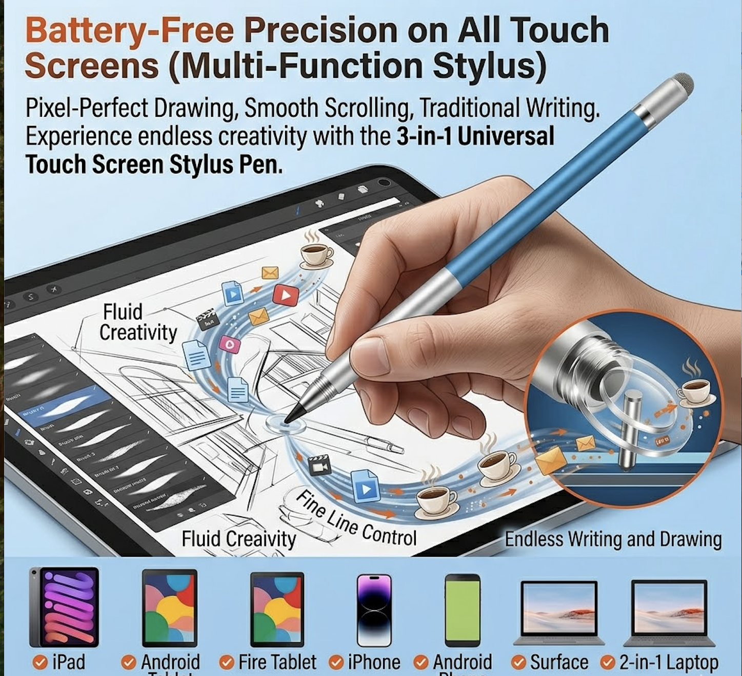 exclusive Masterstroke Synergy: The 3-in-1 Universal Touch Screen Stylus Pen for Seamless Cross-Platform Navigation 16 the 3-in-1 Universal Touch Screen Stylus Pen A circular technical inset highlights the internal metal pin and silicon cushion that enable "Endless Writing and Drawing" without a battery. The top text emphasizes "Battery-Free Precision on All Touch Screens," while a bottom gallery of icons confirms universal compatibility with iPad, Android tablets, Fire tablets, iPhone, Android phones, Surface laptops, and 2-in-1 laptops.