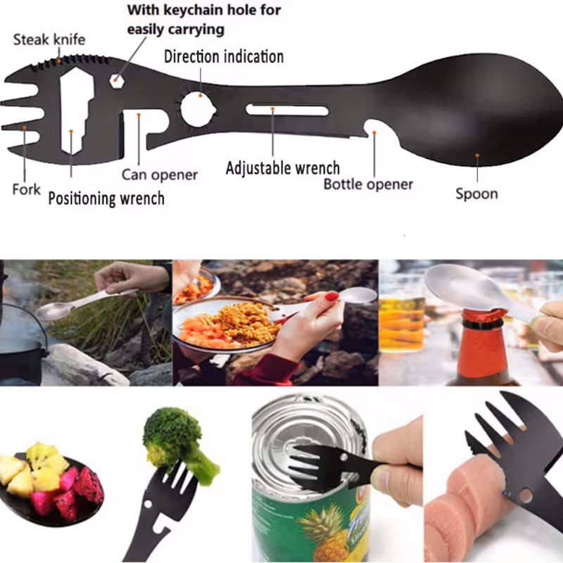 practical Precision Logistics Component: Outdoor Fork Spoon Detachable Tableware with Modular Separation Logic—High-Standard Multi-Tool for Hiking and Remote Cabin Coordination 9 A professional technical visualization of the Outdoor Fork Spoon Detachable Tableware staged on a rugged stone substrate in an outdoor environment. The device is shown in its detached, dual-operational state, separated into two independent hardware units. One side features a matte black fork integrated with a bottle opener and "Qishing 10 in 1" branding; the second unit features a matching spoon and a deployed serrated stainless steel blade. Both components utilize high-impact textured polymer handles for high-fidelity grip coordination.