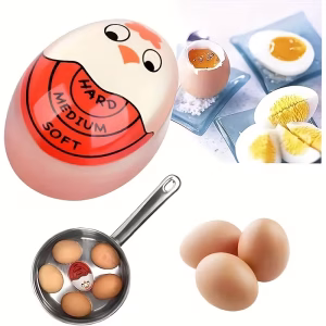 A professional four-panel master infographic for the Egg Cooking Timer Kitchen Timer and multi-function connectivity system. The top-left quadrant, "UNIVERSAL CONNECTIVITY GUIDE," illustrates how the red resin timer integrates with various USB-C, Lightning, and Micro-USB adapters. The top-right quadrant, "PORTABLE ORGANIZATION SYSTEM," shows the smoke-grey translucent case housing both the egg timer and multiple adapters, secured with a black carabiner. The bottom-left quadrant, "PRECISION CULINARY PERFORMANCE," features a brushed-metal mechanical "Wowssyo" timer with an internal sensor and real-time temperature monitoring. The bottom-right quadrant, "VISUAL DONE-NESS CONTROL," presents the "EGG DONE-NESS GUIDE," mapping the red-to-white color gradient of the resin timer to four precise stages: Initial, Soft, Medium, and Hard.