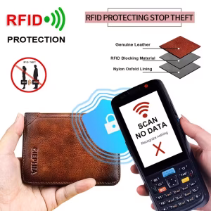 An infographic demonstrating the security of an RFID Leather Wallet for Father's Day Gifts, showing a digital scanner unable to read data through the genuine leather and RFID-blocking layers.