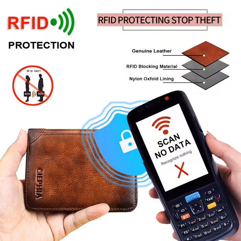 Slim Trifold RFID Leather Wallet - Father's Day Gifts for Men: Genuine Top Layer Cowhide Card Holder & Money Clip 1 An infographic demonstrating the security of an RFID Leather Wallet for Father's Day Gifts, showing a digital scanner unable to read data through the genuine leather and RFID-blocking layers.