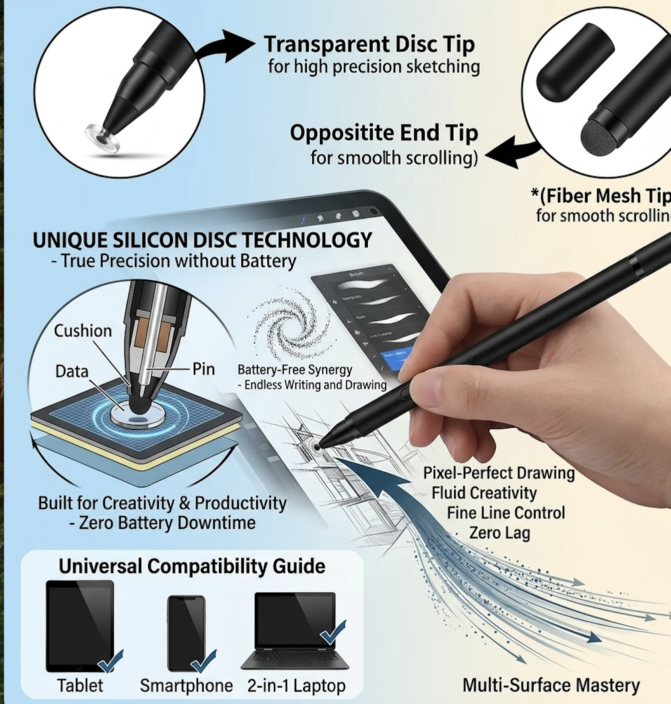 exclusive Masterstroke Synergy: The 3-in-1 Universal Touch Screen Stylus Pen for Seamless Cross-Platform Navigation 15 the 3-in-1 Universal Touch Screen Stylus Pen Pixel-Perfect Drawing" on a digital tablet, demonstrating "Fine Line Control" and "Zero Lag." Two top insets highlight the "Transparent Disc Tip" for high-precision sketching and the "Opposite End Tip" (Fiber Mesh Tip) for smooth scrolling. A large circular diagram on the left explains the "Unique Silicon Disc Technology," detailing the "Cushion," "Data," and "Pin" components that allow for battery-free precision. The bottom includes a "Universal Compatibility Guide" with checkmarks for Tablet, Smartphone, and 2-in-1 Laptop.