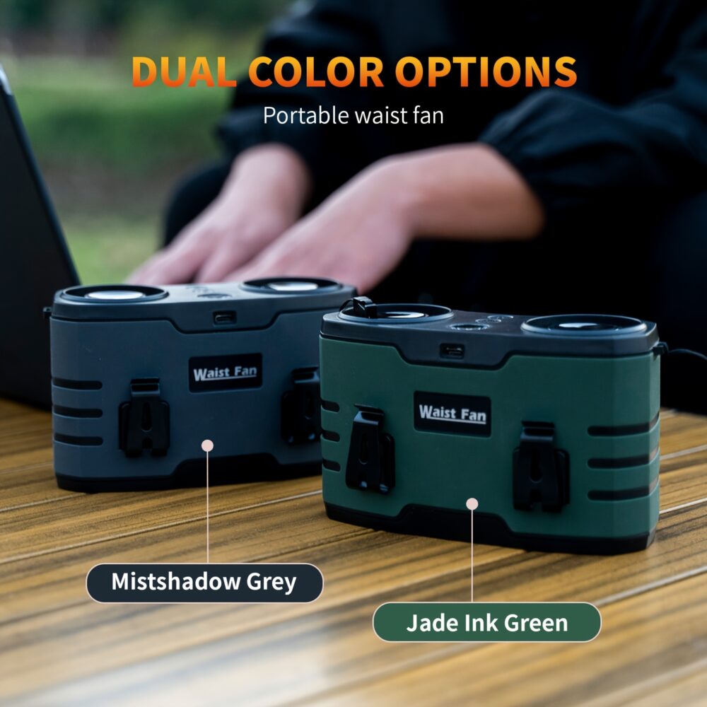 A high-performance technical infographic for the Dual Vents 20000mAh Portable Waist Fan detailing its industrial-grade specifications against a professional blue-to-cream gradient background. The central visual features the rugged, dark green and orange housing with integrated callouts highlighting the 7W Brushless Turbo Dual Motor and expansive twin air outlets. An integrated LED Digital Display indicates the current speed level from 01-10 and the precise battery percentage.