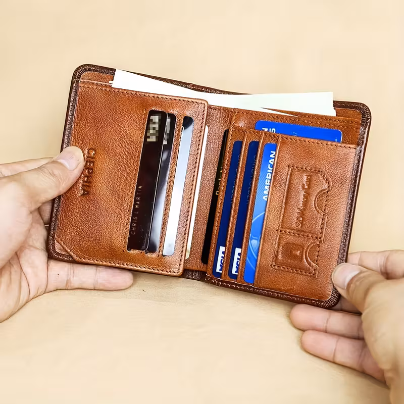 Slim Trifold RFID Leather Wallet - Father's Day Gifts for Men: Genuine Top Layer Cowhide Card Holder & Money Clip 7 An inside view of a brown genuine leather bifold wallet with RFID blocking technology, demonstrating its high capacity with 9 card holder slots and 2 cash pockets, shown as a practical example of RFID Leather Wallet Father's Day Gifts.