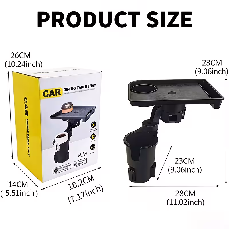 Operational Infrastructure Node: Car Cup Holder Expansion Tray with 40lb Load Capacity and 360° Rotating Mechanical Base for Superior Cabin Utility 5 A professional technical graphic titled "PRODUCT SIZE" showcasing the Car Cup Holder Expansion Tray alongside its retail packaging. The hardware is displayed with precise dimensional callouts: a total width of 28cm (11.02in), a tray width of 23cm (9.06in), and an articulation height of 23cm (9.06in). The retail box is documented with dimensions of 26cm (10.24in) in height, 18.2cm (7.17in) in width, and 14cm (5.51in) in depth. The imagery is rendered with sharp clarity against a sterile white background, highlighting the matte black polymer chassis and the high-compliance swivel architecture.