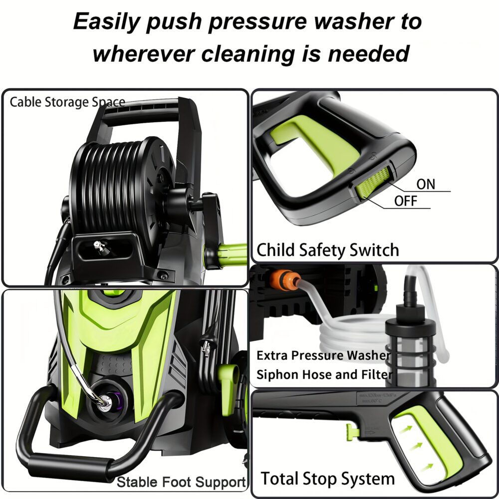 Advanced 4500 PSI Electric Pressure Power Washer featuring High-Compliance Quick-Connect Logic for Professional Car, Fence, and Patio Maintenance 5 A professional technical infographic for an Electric Pressure Power Washer. The central image shows the lime green and black chassis. Surrounding callouts highlight the integrated cable storage, the Child Safety Switch on the trigger, the Stable Foot Support for structural inertia, the Total Stop System (TSS), and the extra siphon hose with an inlet filter.