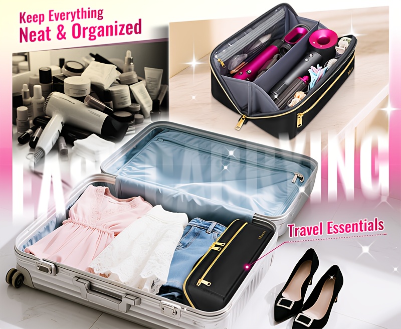 3-in-1 Clutch Bag Hot Hair Tools Travel Bag – Large Capacity Wide-Open Hair Accessory Case & Professional Heat-Safe Styling Mat 6 A comparative image showcasing a cluttered vanity vs. the organized Clutch Bag Hot Hair Tools Travel Bag with pink and black hair tools. Below, the same black bag is shown packed neatly inside an open suitcase with travel essentials like clothing and shoes, highlighting its space-saving and organizing function for travel.