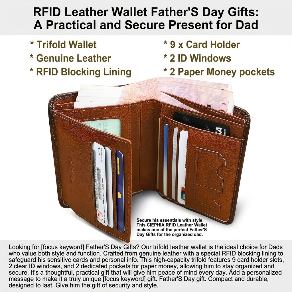 Slim Trifold RFID Leather Wallet - Father's Day Gifts for Men: Genuine Top Layer Cowhide Card Holder & Money Clip 13 Internal view of an open CIEPHIA RFID Leather Wallet Father's Day Gifts showing 9 card slots, 2 ID windows, and double cash compartments filled with bills.