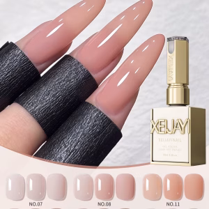 A professional product grid showcasing 12 swatch tiles of the Jelly Ice Nude Peelable Polish series, ranging from sheer white (NO.07) to deep mauve (NO.20). Each swatch demonstrates a consistent "Velveteen-Ablation" finish and uniform light reflection.