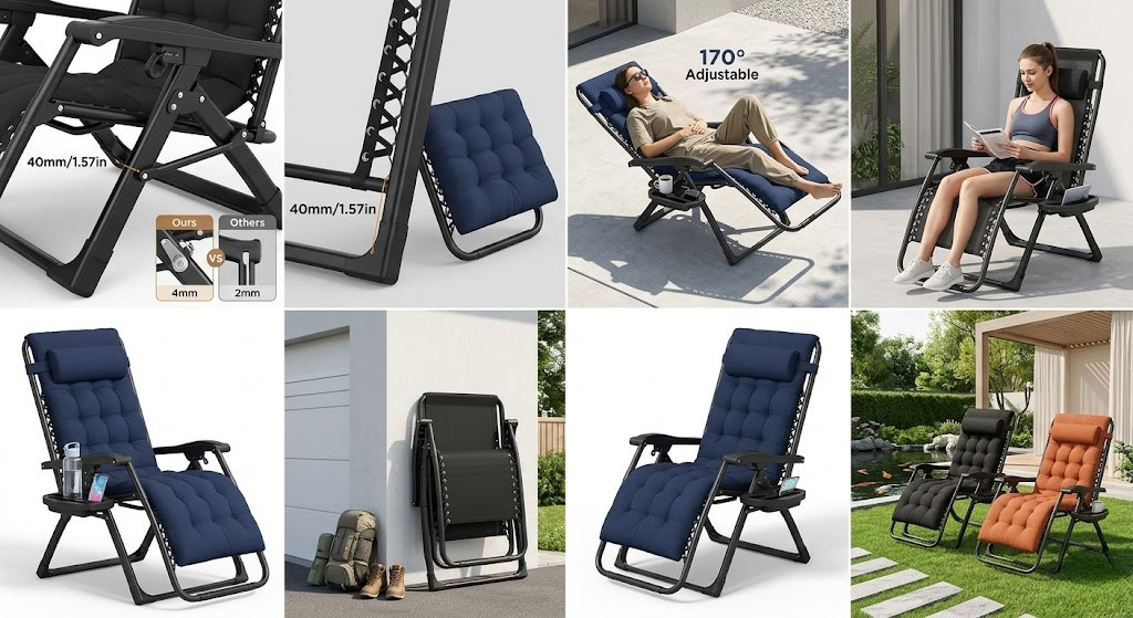 The Ultimate Relaxation Zero Gravity Chair Lounge Chair Recliner with Secure Multi-Position Locks 14 A detailed product infographic of the black Zero Gravity Chair Lounge Chair Recliner. The image shows a man reclined at a $170^\circ$ angle using the built-in cup holder tray. It includes diagrams for a 2nd generation metal lock with 4mm depth, a removable cushion with plump cotton filling, and a dimension guide showing a 69-inch max length and 440lb weight capacity.