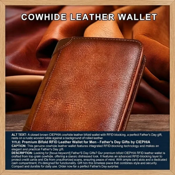 Slim Trifold RFID Leather Wallet - Father's Day Gifts for Men: Genuine Top Layer Cowhide Card Holder & Money Clip 16 A vintage brown CIEPHIA trifold RFID Leather Wallet for Father's Day Gifts, shown with dimensions of 12cm height, 9.5cm width, and a slim 1.5cm profile.