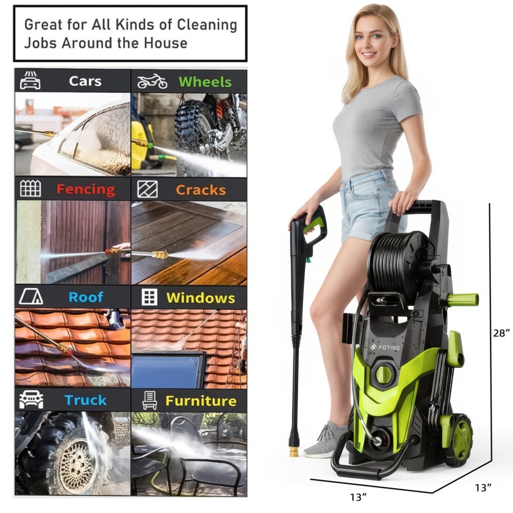 Advanced 4500 PSI Electric Pressure Power Washer featuring High-Compliance Quick-Connect Logic for Professional Car, Fence, and Patio Maintenance 10 A professional composite infographic for the FOTING Electric Pressure Power Washer. A woman stands beside the lime green and black unit, which measures 28 inches tall and 13 inches wide. To the left, an eight-panel grid illustrates various use cases: washing cars, wheels, fencing, cracks, roofs, windows, trucks, and patio furniture.