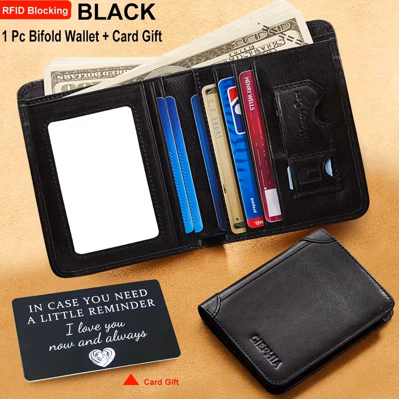 Slim Trifold RFID Leather Wallet - Father's Day Gifts for Men: Genuine Top Layer Cowhide Card Holder & Money Clip 5 A set featuring an open and closed black color genuine leather bifold wallet with RFID blocking technology, presented as an ideal Father'S Day Gifts. The open wallet displays multi-card slots, a large cash compartment with dollars, and a specialized SIM/SD card holder. A matching black metal message card with an engraved love note is included as a bonus gift.