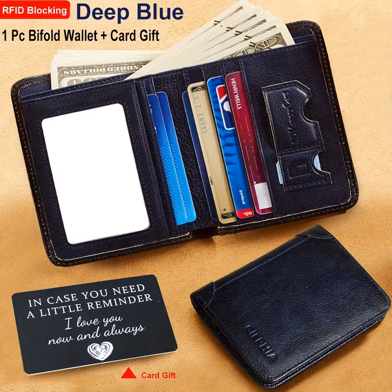 Slim Trifold RFID Leather Wallet - Father's Day Gifts for Men: Genuine Top Layer Cowhide Card Holder & Money Clip 4 A set featuring an open and closed bifold blue color genuine leather wallet with RFID blocking technology, presented as an ideal Father'S Day Gifts. The open wallet displays multi-card slots, a large cash compartment with dollars, and a specialized SIM/SD card holder. A matching black metal message card with an engraved love note is included as a bonus gift.