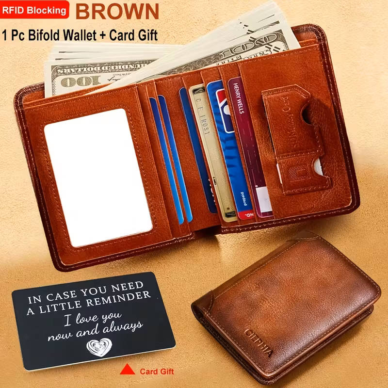 Slim Trifold RFID Leather Wallet - Father's Day Gifts for Men: Genuine Top Layer Cowhide Card Holder & Money Clip 3 A gift set featuring an open and closed bifold brown color genuine leather wallet with RFID blocking technology, presented as an ideal choice for Father'S Day Gifts. The open wallet displays multi-card slots, a large cash compartment with dollars, and a specialized SIM/SD card holder. A matching brown metal message card with an engraved love note is included as a bonus gift.