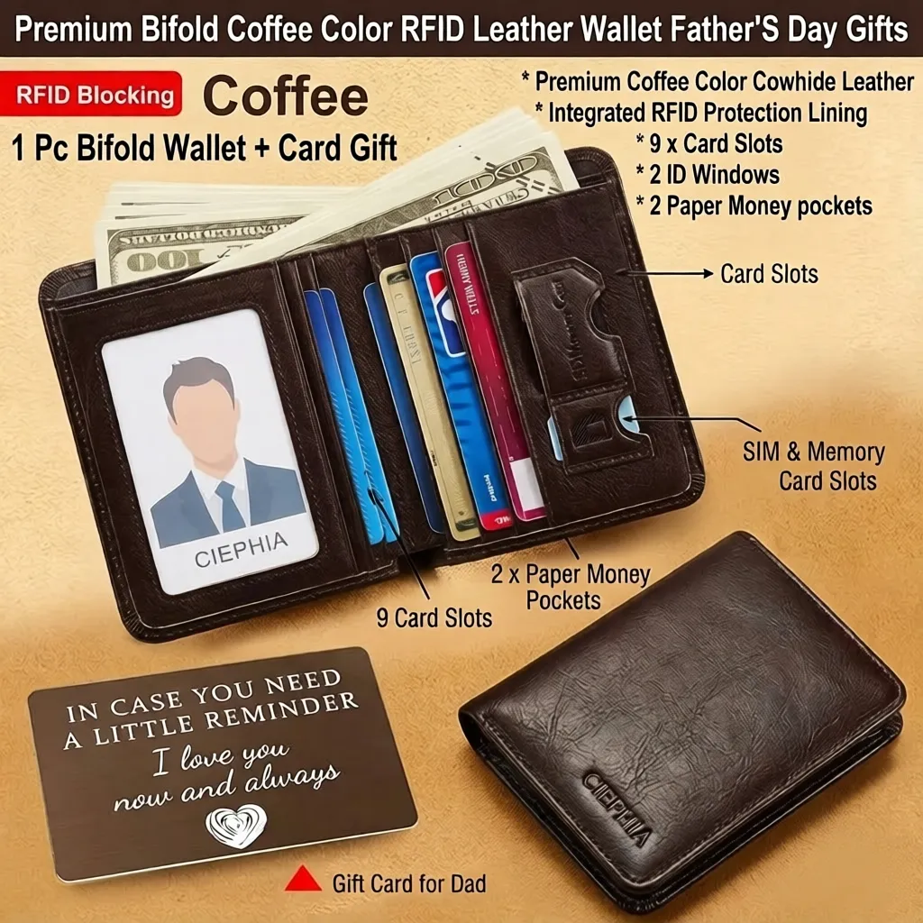 Slim Trifold RFID Leather Wallet - Father's Day Gifts for Men: Genuine Top Layer Cowhide Card Holder & Money Clip 22 A gift set featuring an open and closed bifold coffee color genuine leather wallet with RFID blocking technology, presented as an ideal choice for Father'S Day Gifts. The open wallet displays multi-card slots, dual cash pockets with dollars, and a specialized SIM/SD card holder. A matching coffee-toned metal message card with an engraved love note is included as a bonus gift.