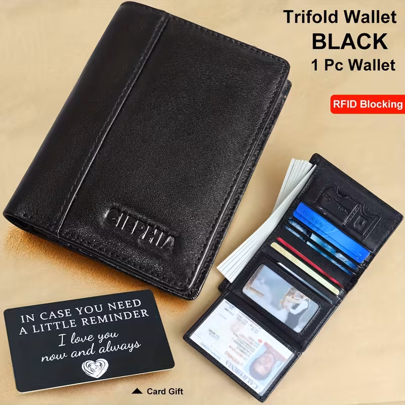 Slim Trifold RFID Leather Wallet - Father's Day Gifts for Men: Genuine Top Layer Cowhide Card Holder & Money Clip 9 A close-up internal view of an open premium black & 8 card slots RFID Leather Wallet Father'S Day Gifts, demonstrating its high capacity with eight credit cards inserted into dedicated slots, several banknotes in a bill compartment, and an ID photo visible. A pair of hands holds the wallet, highlighting its functional layout. The smooth black genuine leather is visible.
