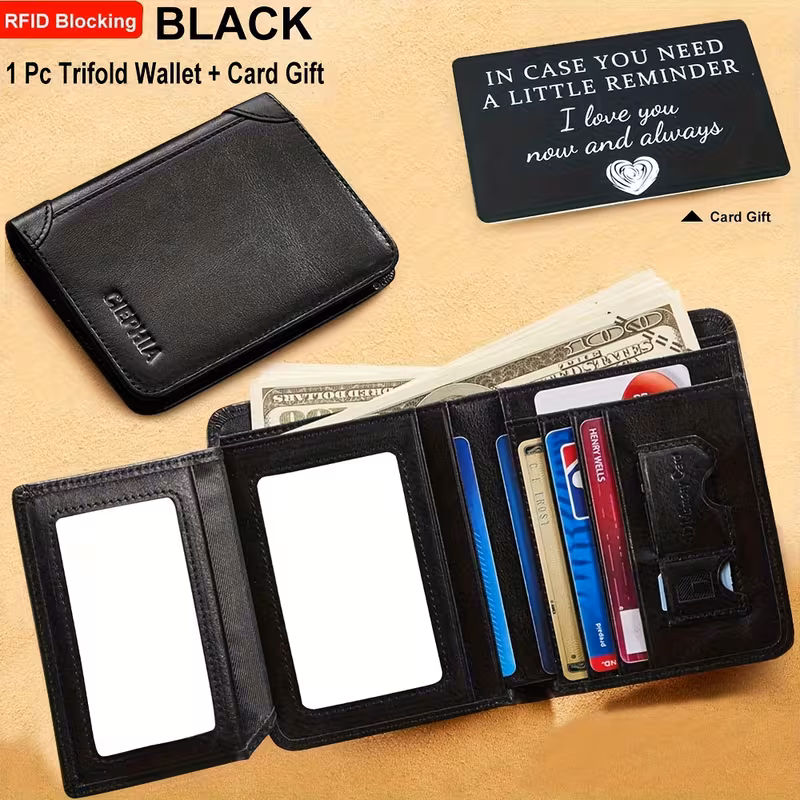 Slim Trifold RFID Leather Wallet - Father's Day Gifts for Men: Genuine Top Layer Cowhide Card Holder & Money Clip 10 An infographic for a black color RFID Leather Wallet Father'S Day Gifts, showing the open bifold design with dimensions of 12cm by 9.5cm ($4.72" \times 3.74"$), 9 card slots, 2 ID windows, and a specialized SIM card holder.