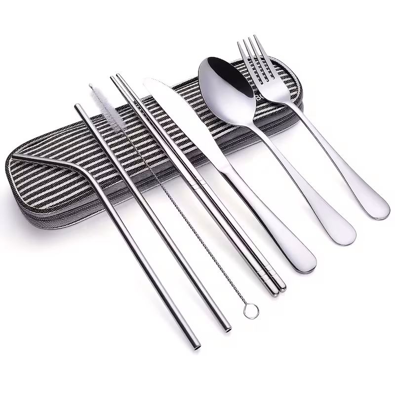 reliable Unyielding Travel Utensils Reusable Silverware Set: Professional-Grade Stainless Steel Cutlery in a Weatherproof Armor Case 8 An top-down view of a black strip sliver Travel Utensils Reusable Silverware Set, strictly following the high-organization logic of image_131.png. A sleek, unyielding black stainless steel cutlery set is organized within a rugged, tactical green armor case, featuring unbranded silver accent "black strip" bands near the handles. The set includes a serrated knife, dinner fork, high-volume spoon,