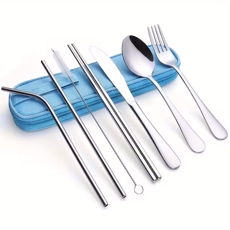 reliable Unyielding Travel Utensils Reusable Silverware Set: Professional-Grade Stainless Steel Cutlery in a Weatherproof Armor Case 10 the blue bag sliver color Travel Utensils Reusable Silverware Set The set includes a serrated dinner knife, a dinner fork, a large soup spoon, a light blue gradient teaspoon, textured anti-slip chopsticks, and a bent metal straw with a precise cleaning brush. All components are unbranded and designed for zero bulk lag during outdoor activities.