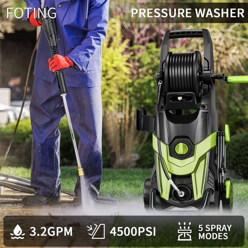Advanced 4500 PSI Electric Pressure Power Washer featuring High-Compliance Quick-Connect Logic for Professional Car, Fence, and Patio Maintenance 12 A professional action shot of a FOTING Electric Pressure Power Washer. To the left, a person in blue protective gear uses the high-pressure wand to clean a stone walkway. To the right, the lime green and black upright unit is displayed with its integrated hose reel. A technical overlay at the bottom lists 3.2GPM, 4500PSI, and 5 Spray Modes.
