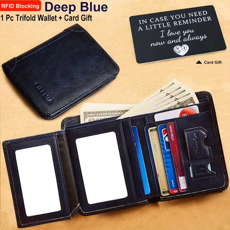 Slim Trifold RFID Leather Wallet - Father's Day Gifts for Men: Genuine Top Layer Cowhide Card Holder & Money Clip 11 An internal view of a deep blue color RFID Leather Wallet Father's Day Gifts, featuring a multi-slot bifold design with credit cards, a clear ID window, and two paper money pockets filled with cash.