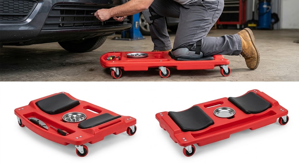 A Rolling Knee Board Platform with Wheels, Made of ABS Material, Featuring a Multifunctional Built-in Tool Tray and a Comfortable Cushion. Suitable for Mechanics, Carpenters, Flooring, and Automotive Repairs. Valentine's Day Gifts for Men 30 A two-part image showing the Rolling Knee Board Platform with Wheels in action and in detail. The top panel shows a mechanic kneeling on the red platform with black cushioned pads while working on a vehicle's front bumper in a garage. The bottom panels provide close-up studio views of the red ABS platform, showcasing its six swivel wheels, integrated tool trays with a utility knife and screwdriver, and a magnetic parts dish.