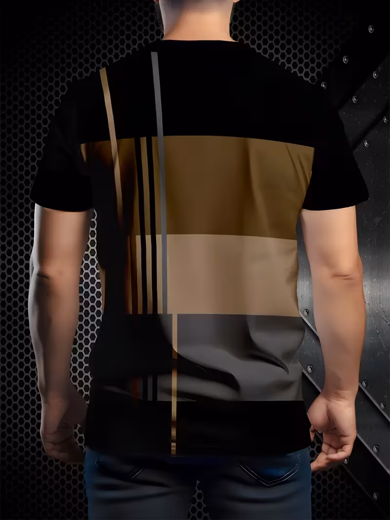 Trendy Men's T-Shirts 3pcs Men's Fashion Short-Sleeve T-Shirts | Color Block Design | Versatile Casual Round Neck Tops | Summer Comfortable Breathable Trendy Apparel 10 Back view of a man wearing a unique mixed color short-sleeve t-shirt with geometric blocks of black, bronze, tan, and gray separated by clean lines. He is standing against a industrial metallic background.