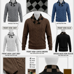 A multi image collage presenting the MAQIQI Autumn Winter pullover collection in brown, grey, blue, and light grey, all with integrated scarf cowl collars. The center brown sweater is highlighted as an Obm Slim Fit.