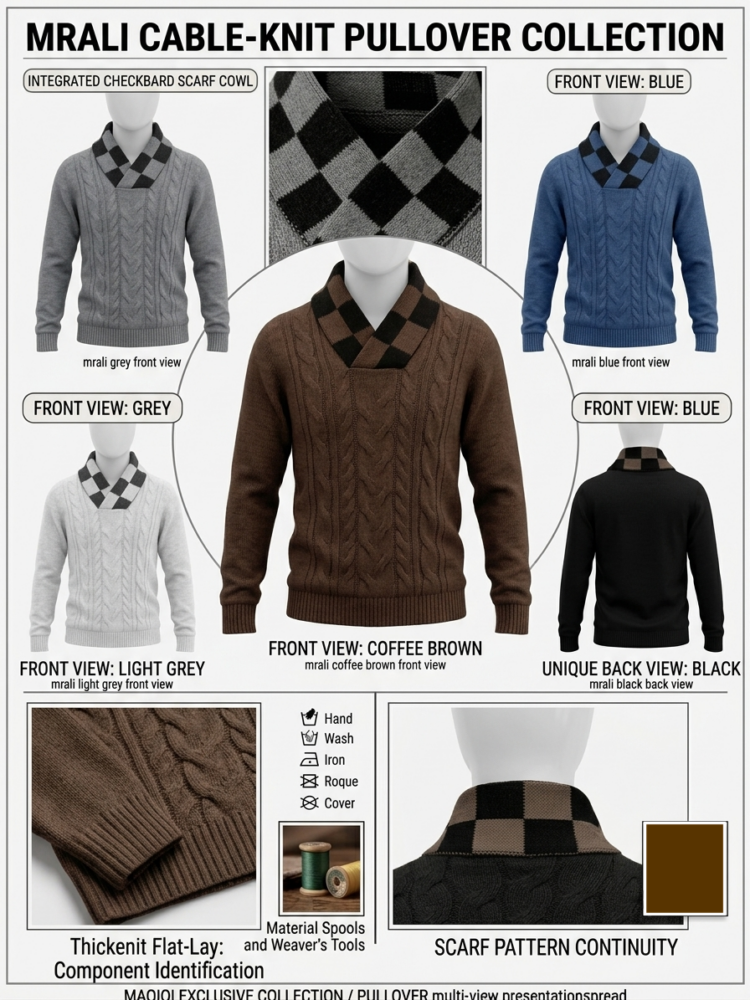A multi image collage presenting the MAQIQI Autumn Winter pullover collection in brown, grey, blue, and light grey, all with integrated scarf cowl collars. The center brown sweater is highlighted as an Obm Slim Fit.