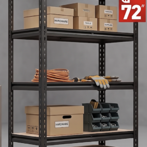 72 Inch Heavy-duty Metal Storage Rack A single 72 Inch Heavy duty Metal Storage Rack organized with hardware boxes and tools centered against a clean studio style matte grey background.
