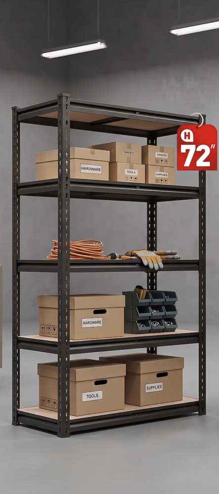 72 Inch Heavy-duty Metal Storage Rack A single 72 Inch Heavy duty Metal Storage Rack organized with hardware boxes and tools centered against a clean studio style matte grey background.