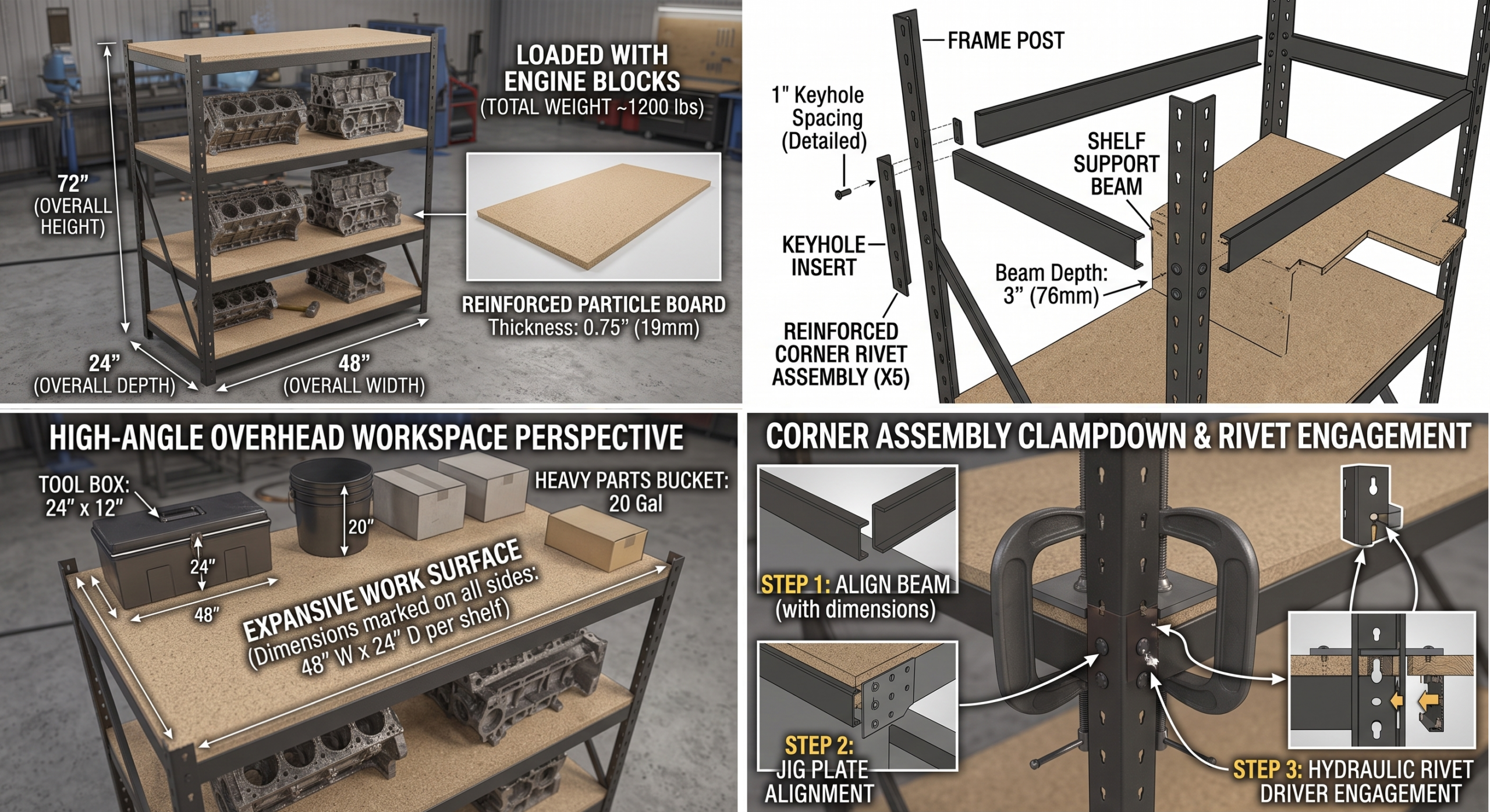 72 Inch Heavy-duty Metal Storage Rack, with A Load-bearing Capacity Of 2000 Pounds Per Layer, Adjustable Height, Easy Assembly for Independent Garage, Warehouse, Home, Office Shelves - Industrial Style Sorting Rack, Utility Shelves, Gloves And Hammer 6 A composite instructional guide showing exploded assembly diagrams, overhead workspace views, and cross bracing details for the 72 Inch Heavy duty Metal Storage Rack.