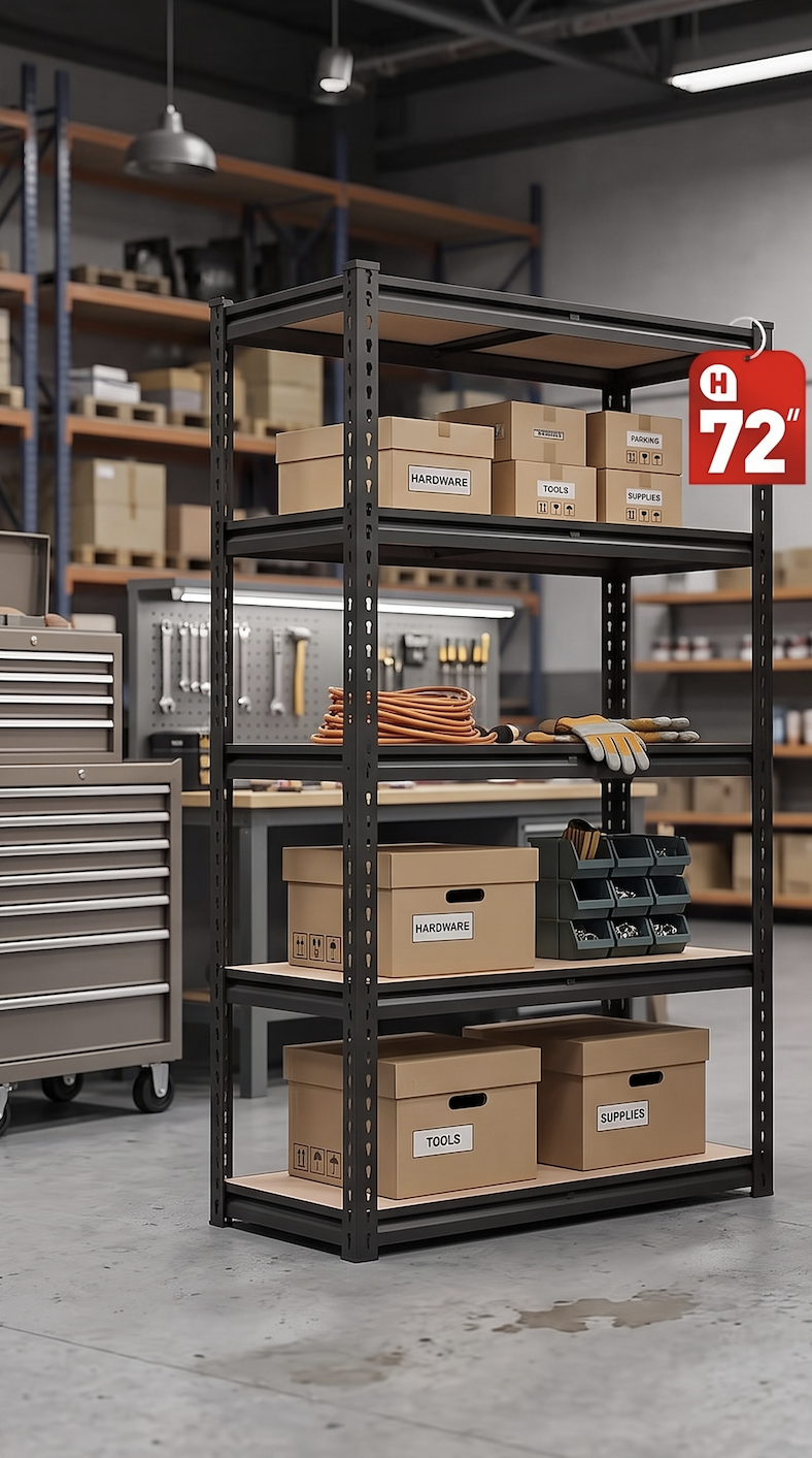 72 Inch Heavy-duty Metal Storage Rack, with A Load-bearing Capacity Of 2000 Pounds Per Layer, Adjustable Height, Easy Assembly for Independent Garage, Warehouse, Home, Office Shelves - Industrial Style Sorting Rack, Utility Shelves, Gloves And Hammer 4 Infographic displaying exact dimensions, frame post sizes, and keyhole spacing measurements on a 72 Inch Heavy duty Metal Storage Rack loaded with automotive tools.