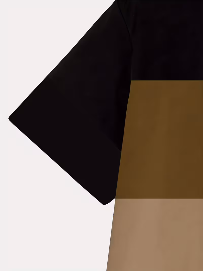 Trendy Men's T-Shirts 3pcs Men's Fashion Short-Sleeve T-Shirts | Color Block Design | Versatile Casual Round Neck Tops | Summer Comfortable Breathable Trendy Apparel 11 Minimalist geometric close-up of a men's t-shirt sleeve detail. The image shows a sharp block pattern with a large black diagonal section on the left and a stacked vertical block of solid brown above a lighter tan block on the right, all against a clean white background. This is a detailed look at one style from the mixed color Men's T-Shirts 3pcs Men's Fashion Short-Sleeve set.