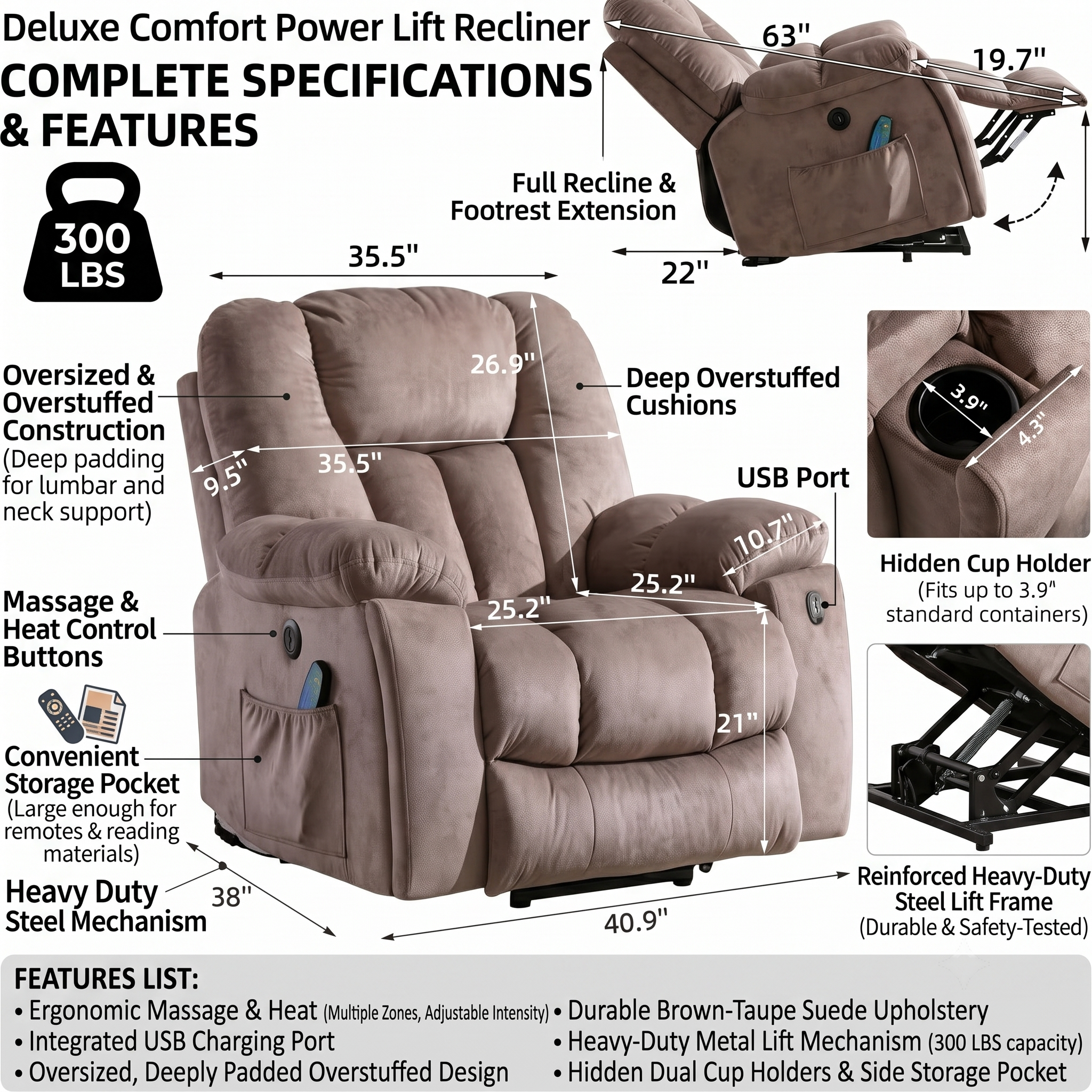 Elderly Power Lift Recliner Chair with Massage & Heat - Oversized Wide Overstuffed Seat, Heavy Duty Safety Reclining Mechanism, USB Ports & 2 Hidden Cup Holders 21 An infographic image of a power lift recliner chair with detailed measurements and features, including massage and heat functions, a heavy-duty lift mechanism, side pockets, cup holders, and a USB port.