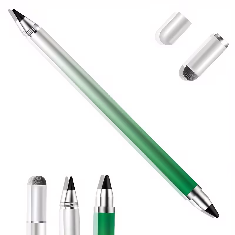 exclusive Masterstroke Synergy: The 3-in-1 Universal Touch Screen Stylus Pen for Seamless Cross-Platform Navigation 9 A detailed product infographic for the green color 3-in-1 Universal Touch Screen Stylus Pen set against a light-colored background. The image features the stylus with a metallic green barrel and silver accents. Three circular insets highlight the pen's key features: a 0.7mm Silicon Disc Tip for high-precision sketching, a Fiber Mesh Tip for smooth scrolling, and a Traditional Ballpoint Ink Refill for paper writing. A central diagram shows a hand using the stylus on a tablet for "Pixel-Perfect Drawing" with "Zero Lag." The bottom section includes a "Universal Multi-Surface Mastery" guide, confirming compatibility with iPad, Android phones/tablets, Fire tablets, and Surface devices, while emphasizing "Zero Battery Downtime."