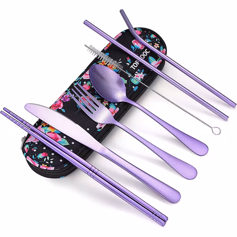 reliable Unyielding Travel Utensils Reusable Silverware Set: Professional-Grade Stainless Steel Cutlery in a Weatherproof Armor Case 14 A high-performance product visual of the purple Travel Utensils Reusable Silverware Set, featuring silver stainless steel cutlery neatly fanned out on a light-colored concrete surface. To the right is a rugged, light purple nylon zippered carrying bag with professional blue mesh venting panels and a secure handle loop