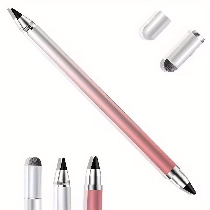 exclusive Masterstroke Synergy: The 3-in-1 Universal Touch Screen Stylus Pen for Seamless Cross-Platform Navigation 10 A studio layout image showcasing a single, matte-finish pink color 3-in-1 Universal Touch Screen Stylus Pen at a diagonal angle. Surrounding it are isolated close-ups of the end with the cap off, the end with the cap partially on, the pen point with the cap off, and the pen with the cap on. One detail shows the thread on the metallic connector for the caps.