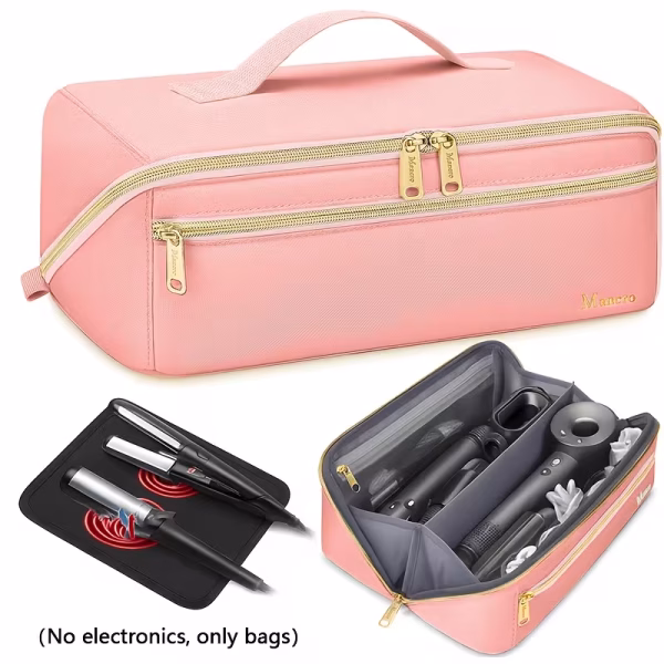 3-in-1 Clutch Bag Hot Hair Tools Travel Bag – Large Capacity Wide-Open Hair Accessory Case & Professional Heat-Safe Styling Mat 9 A product composite view of the Mancro pink color Clutch Bag Hot Hair Tools Travel Bag. It shows the large, closed pink travel case with a top handle and gold zippers. Below, a smaller view shows the case open and packed with black hair tools, alongside a detached black heat resistant mat holding a curling iron and flat iron with a heat graphic. The text "(No electronics, only bags)" is in the bottom left.