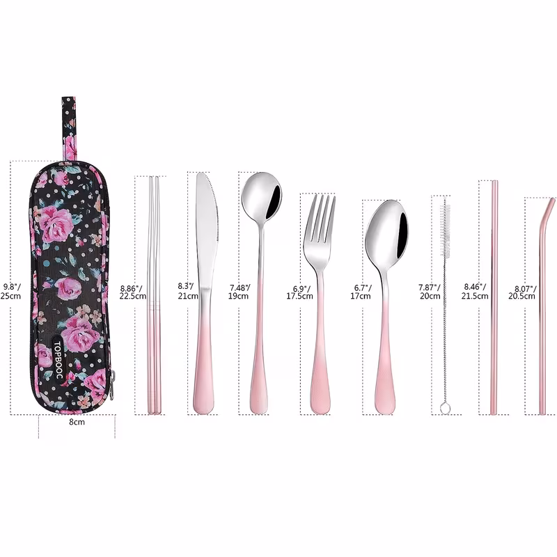 reliable Unyielding Travel Utensils Reusable Silverware Set: Professional-Grade Stainless Steel Cutlery in a Weatherproof Armor Case 15 the pink sliver color Travel Utensils Reusable Silverware Set,The pink sliver color utensils include, from left to right: a full-sized serrated dinner knife, a dinner fork, a large soup spoon, unbranded anti-slip chopsticks with textured tips, and a bent metal straw with a precise cleaning brush, matching the configuration logic seen in image_8.png. All unbranded utensils have a high-polish, professional finish. The unyielding configuration eliminates bulk downtime and bulk lag, demonstrating unyielding performance. The entire set is displayed on a textured concrete surface under natural daylight, with a blurred outdoor backdrop featuring hints of potted succulents and stone pavers, strictly matching the generic group synergy and usage guide