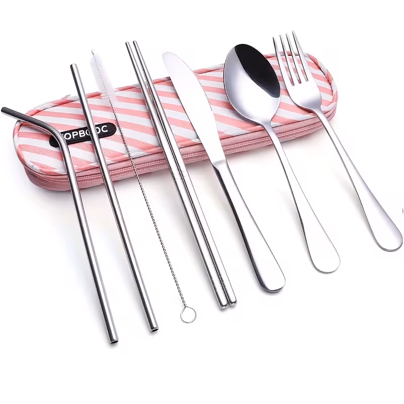 reliable Unyielding Travel Utensils Reusable Silverware Set: Professional-Grade Stainless Steel Cutlery in a Weatherproof Armor Case 16 A high-performance product visual displaying the pink strip sliver color Travel Utensils Reusable Silverware Set on a textured grey concrete surface under natural daylight. The unyielding stainless steel cutlery features a distinctive finish that gradients from reflective silver on the functional ends to a vibrant metallic pink on the handles