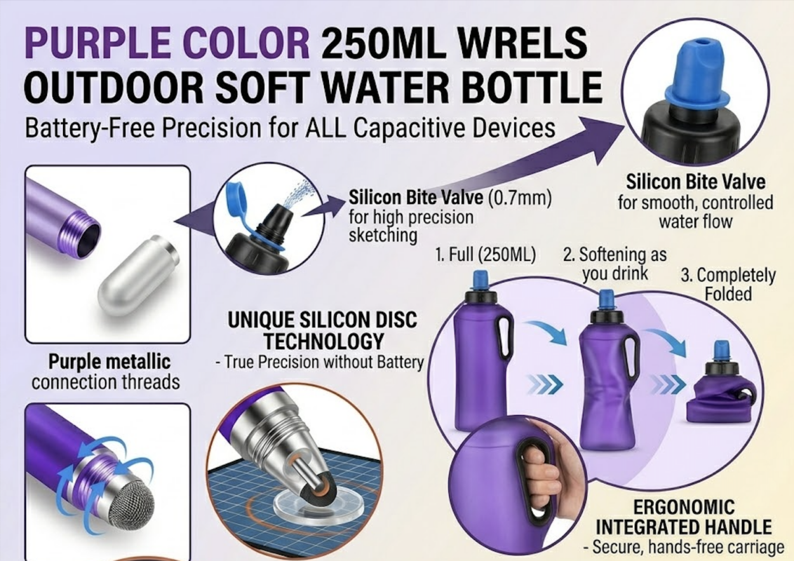 Vanguard Hydration: The WRELS Outdoor Soft Water Bottle with Hot-Pressed Odorless TPU Technology 20 the purple color 250ML WRELS Outdoor Soft Water Bottle Technical callouts highlight the Silicon Bite Valve designed for smooth, controlled water flow and a high-flow 0.7mm nozzle. A central three-step visual guide illustrates the collapsible design: "1. Full (250ML)," "2. Softening as you drink," and "3. Completely Folded." Dimensions are provided as 17.3cm (6.81in) in length and 4cm (1.57in) in diameter. The "Universal Compatibility Guide" confirms a perfect fit for generic hydration pack pockets and unbranded running vests, emphasizing a "Zero Bulk" hydration experience.
