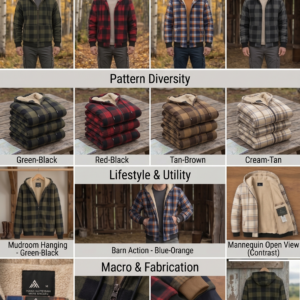 A collage grid showcasing different colors of men's plaid Fleece Hooded Jackets Thick Sherpa lining, featuring red, green, grey, tan, and blue patterns alongside close-up shots of zipper, cuffs, and inner lining details.