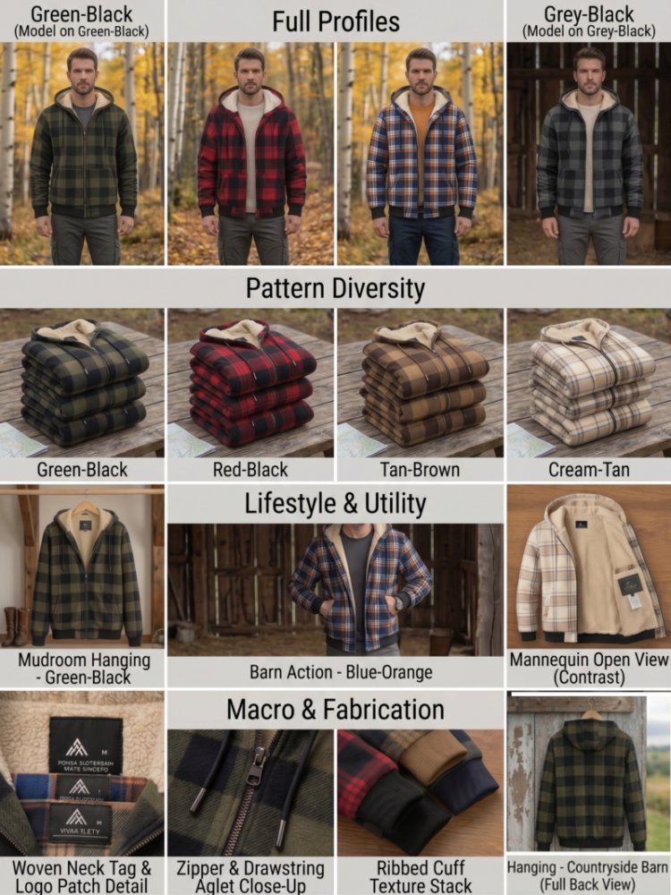 A collage grid showcasing different colors of men's plaid Fleece Hooded Jackets Thick Sherpa lining, featuring red, green, grey, tan, and blue patterns alongside close-up shots of zipper, cuffs, and inner lining details.